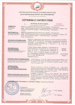 Сертификат на ворота и комплектующие производителя DoorHan